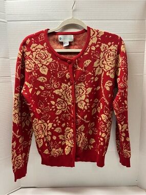 Red Floral Button-Front Cardigan Sweater